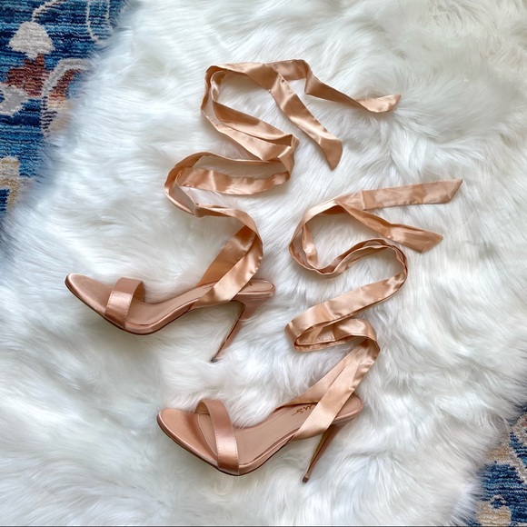 NIB Lulu’s Size 8 Champagne Gold Satin Lace-Up Stiletto Heel Sandals - Picture 2 of 10
